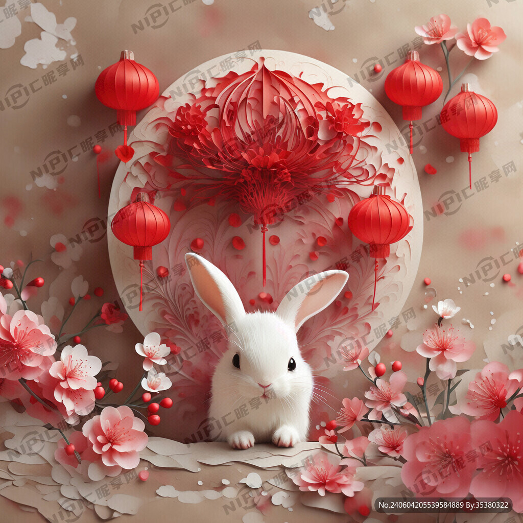 衍纸艺术 春节 可爱兔子 红梅