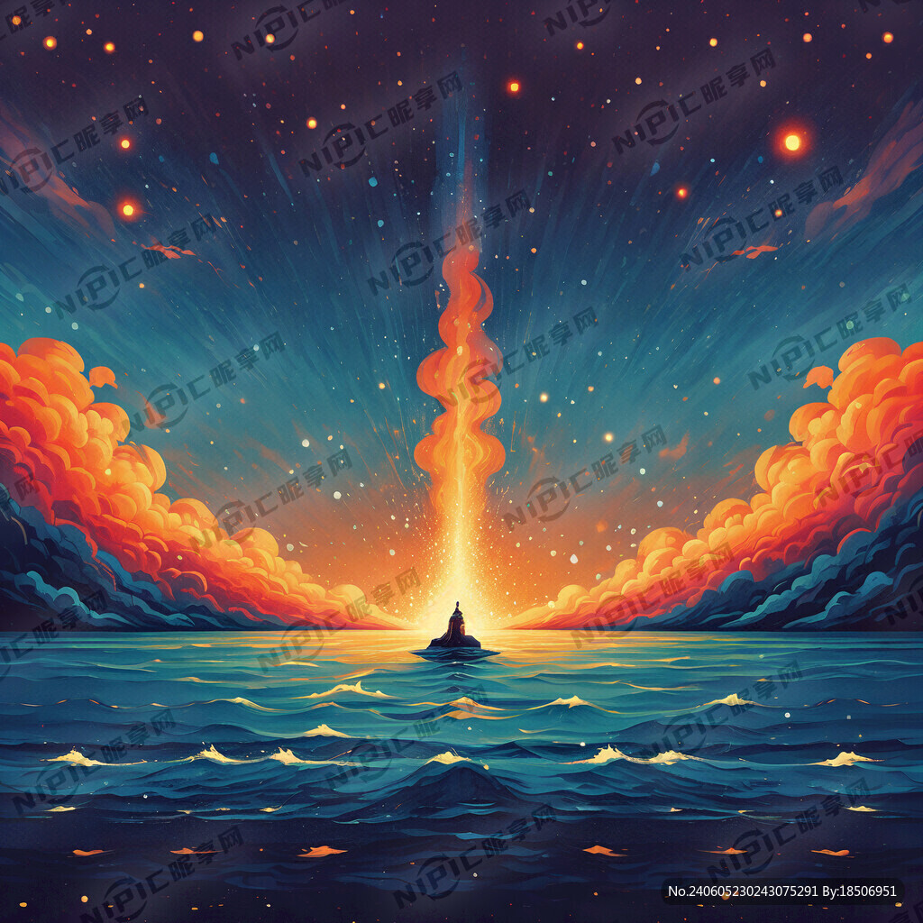 海天一色满天火光星星点点扁平风