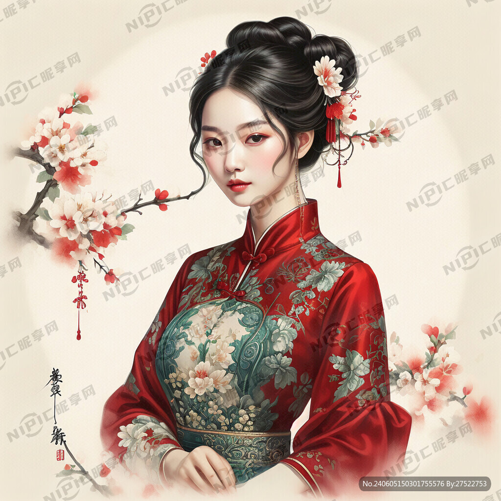 古典旗袍美人簪花