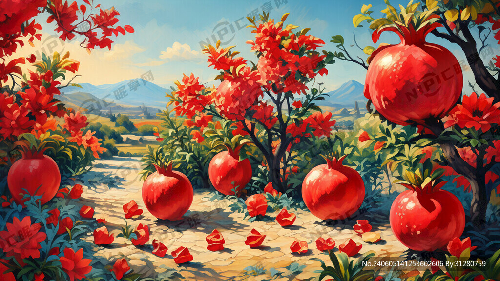 背景多色多彩 有石榴园 石榴树