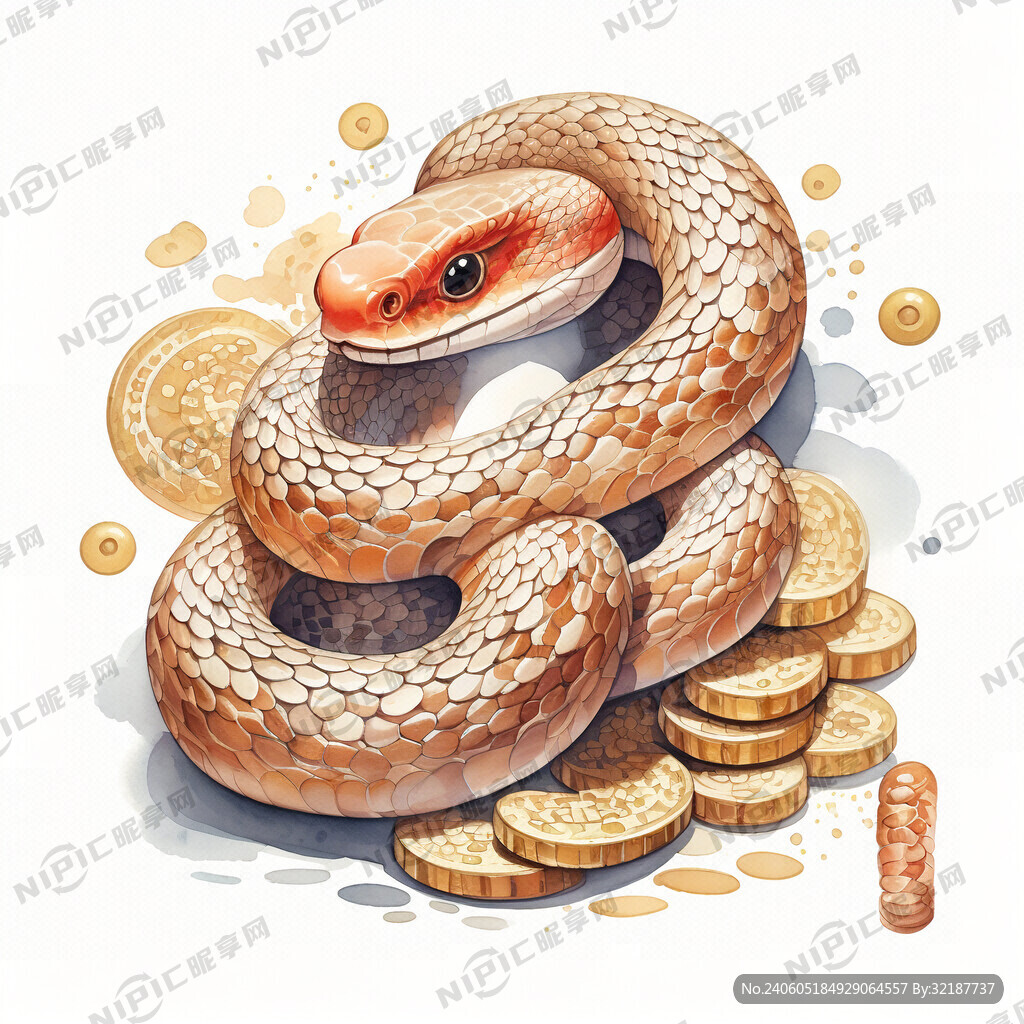 身上缠满铜钱的蛇可爱造型水彩画