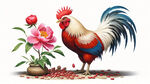 花瓶牡丹公鸡图，花瓶里长出艳丽的牡丹花，一只漂亮的大公鸡在地上吃米粒，超逼真。