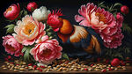 花瓶牡丹公鸡图，一个高大的花瓶里长出了许多朵艳丽的牡丹花，一只漂亮的公鸡在花瓶底下的地上吃米粒，超逼真。