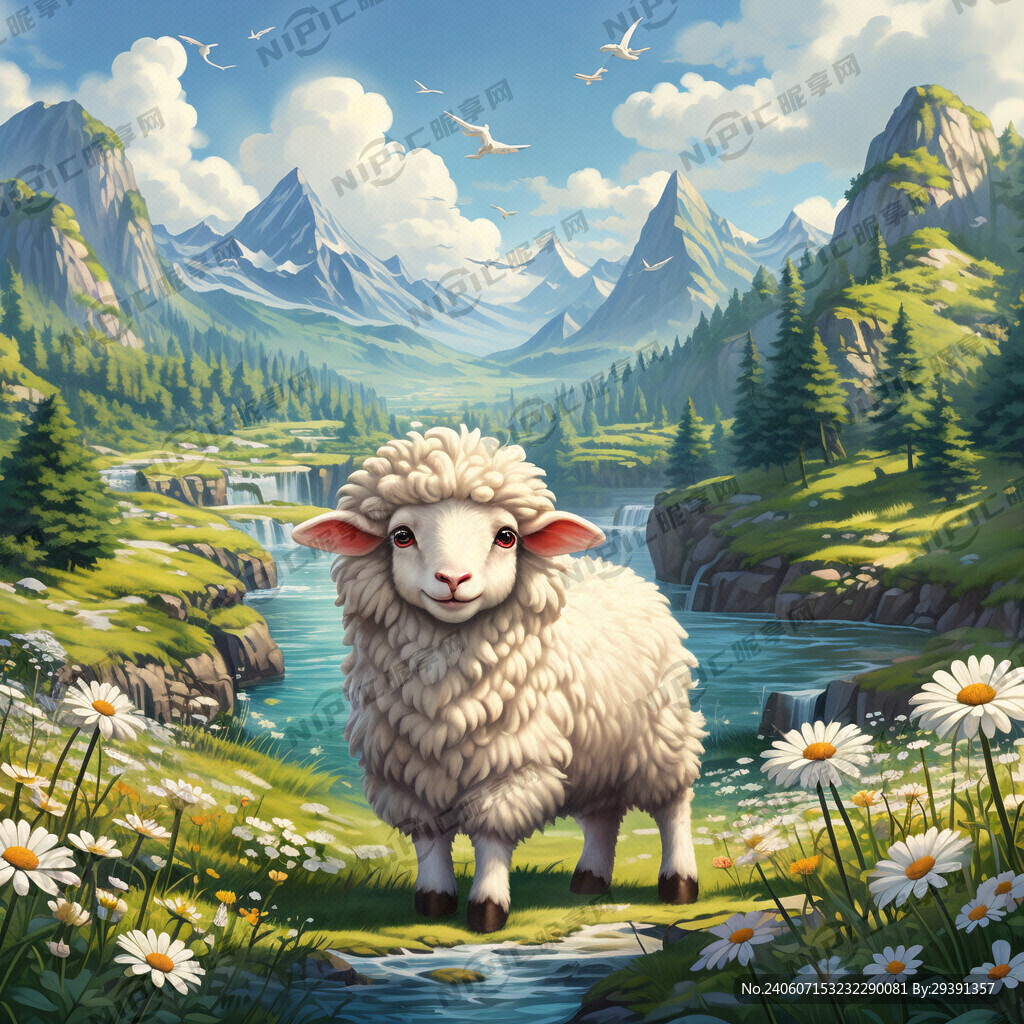 卡通羊 山水 草原