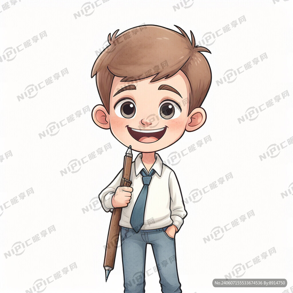 手握钢笔的卡通男孩