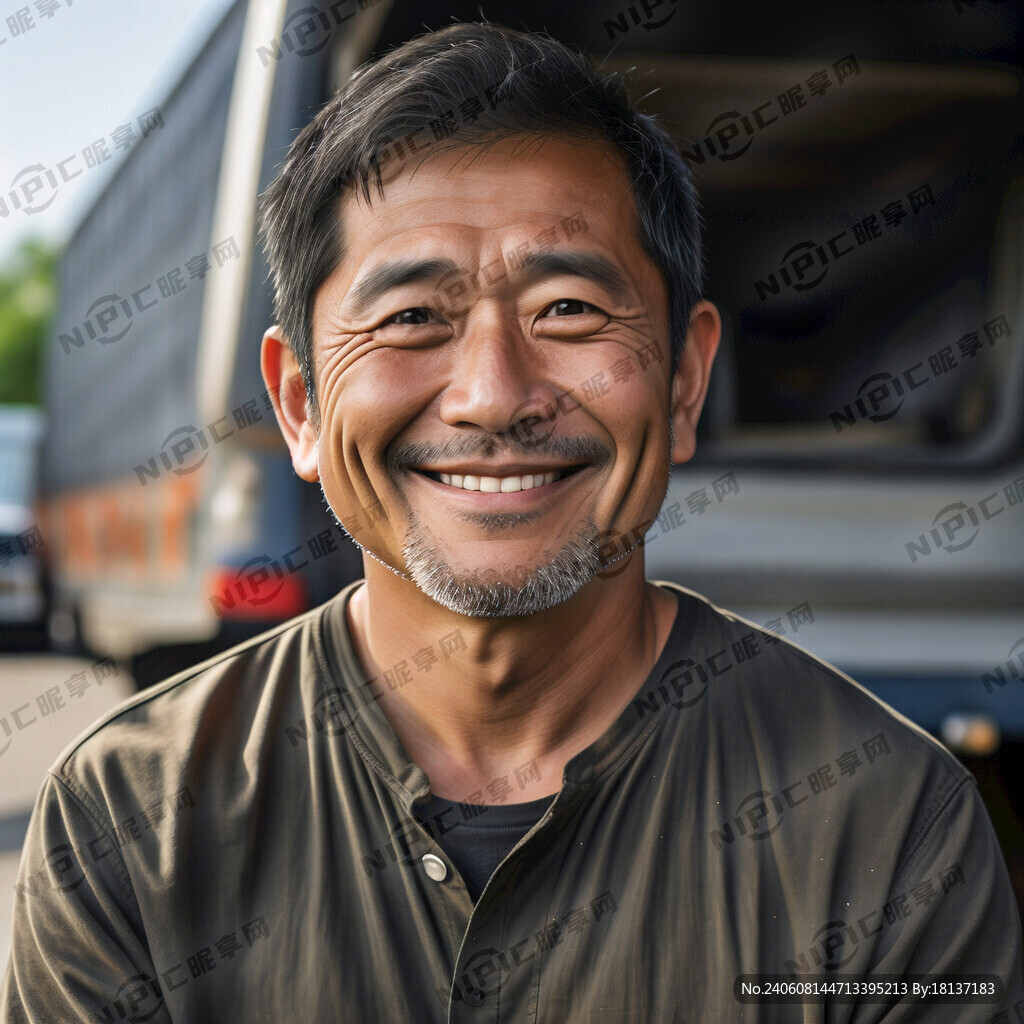 一名皮肤黝黑的中年男性站在卡车