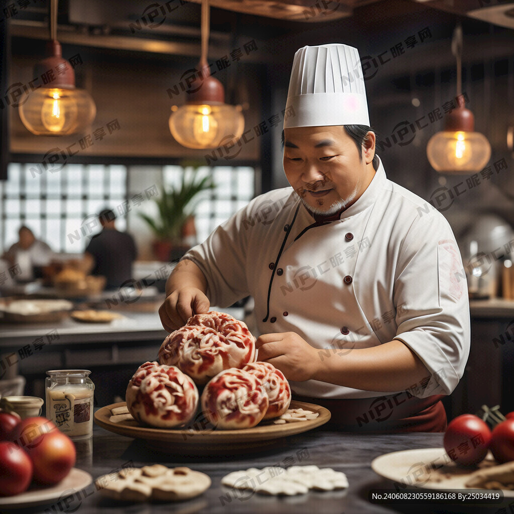 胖胖的厨师正在认真制作一个寿桃