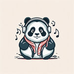 带着耳机听音乐的熊猫卡通，扁平化，戴围巾，画风极简，比例瘦点