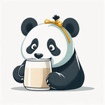 喝牛奶的熊猫卡通，享受的表情，扁平化，额头上扎着发带，突出头部， 简洁，