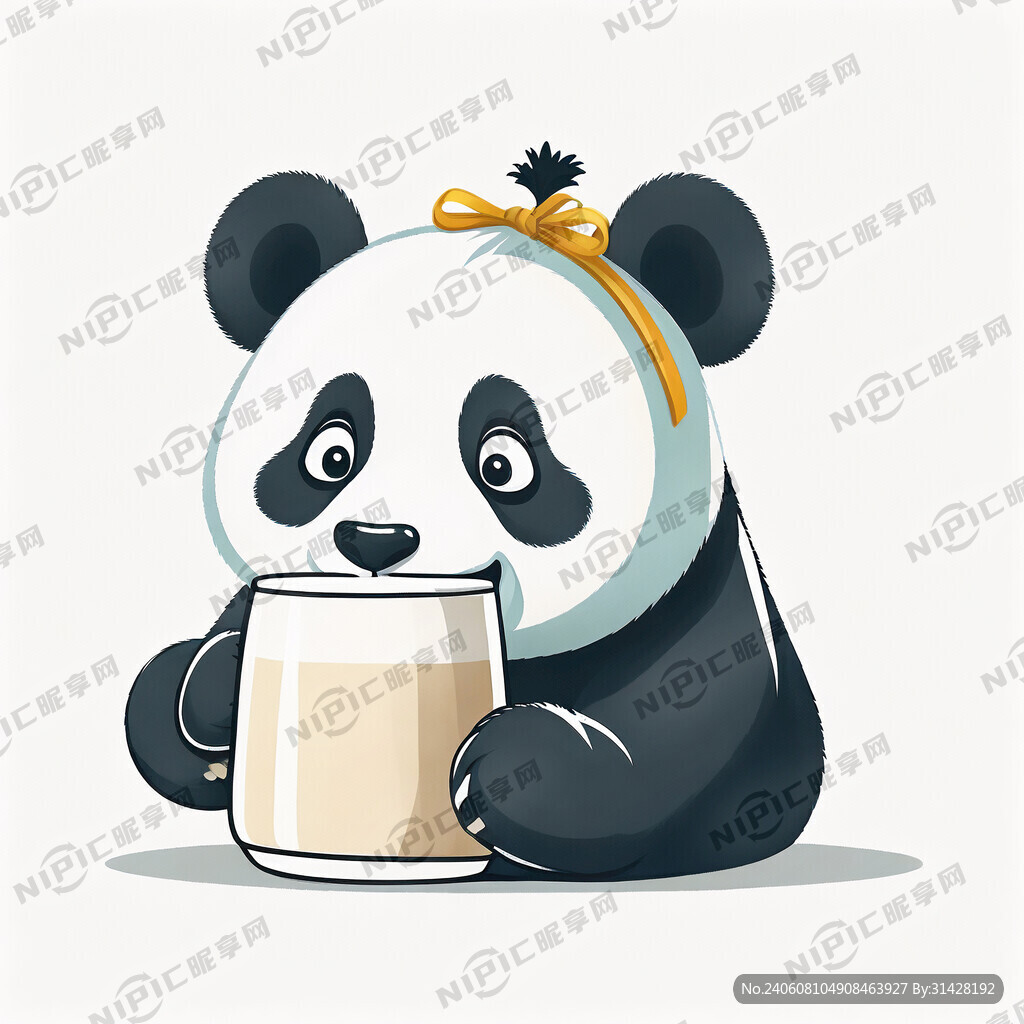 喝牛奶的熊猫卡通 享受的表情 