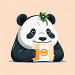 喝牛奶的熊猫卡通，享受的表情，扁平化，额头上扎着发带，突出头部， 简洁，