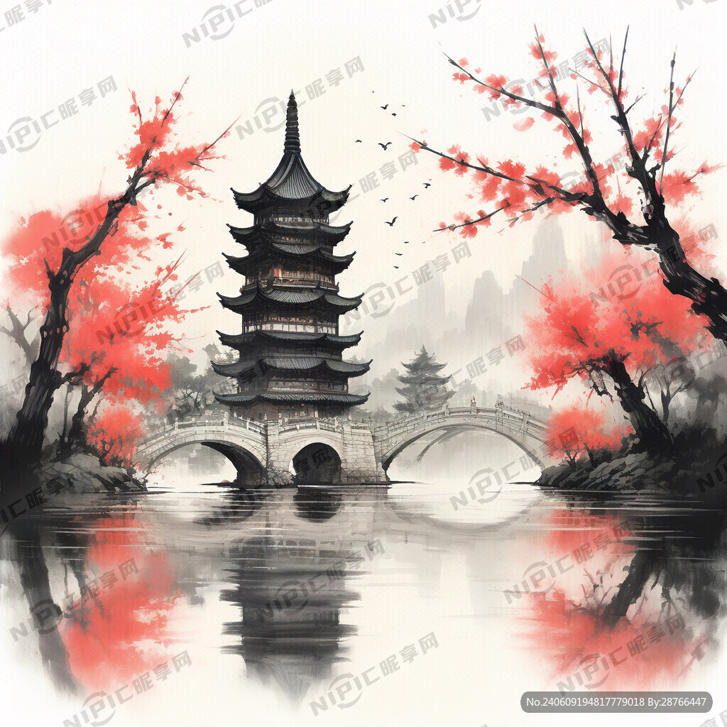 桃花 柳树 燕子 西湖塔 桥