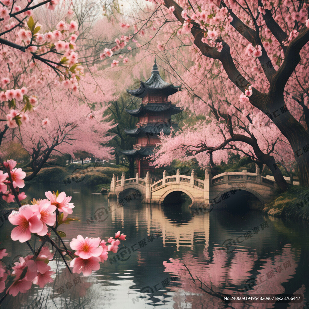 桃花 柳树 燕子 西湖塔 桥