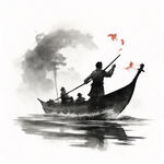 水墨风格的龙舟，黑白水墨，龙舟上有人在划桨