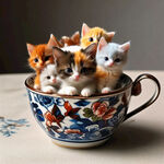 五颜六色小猫咪在青花瓷的茶杯里边