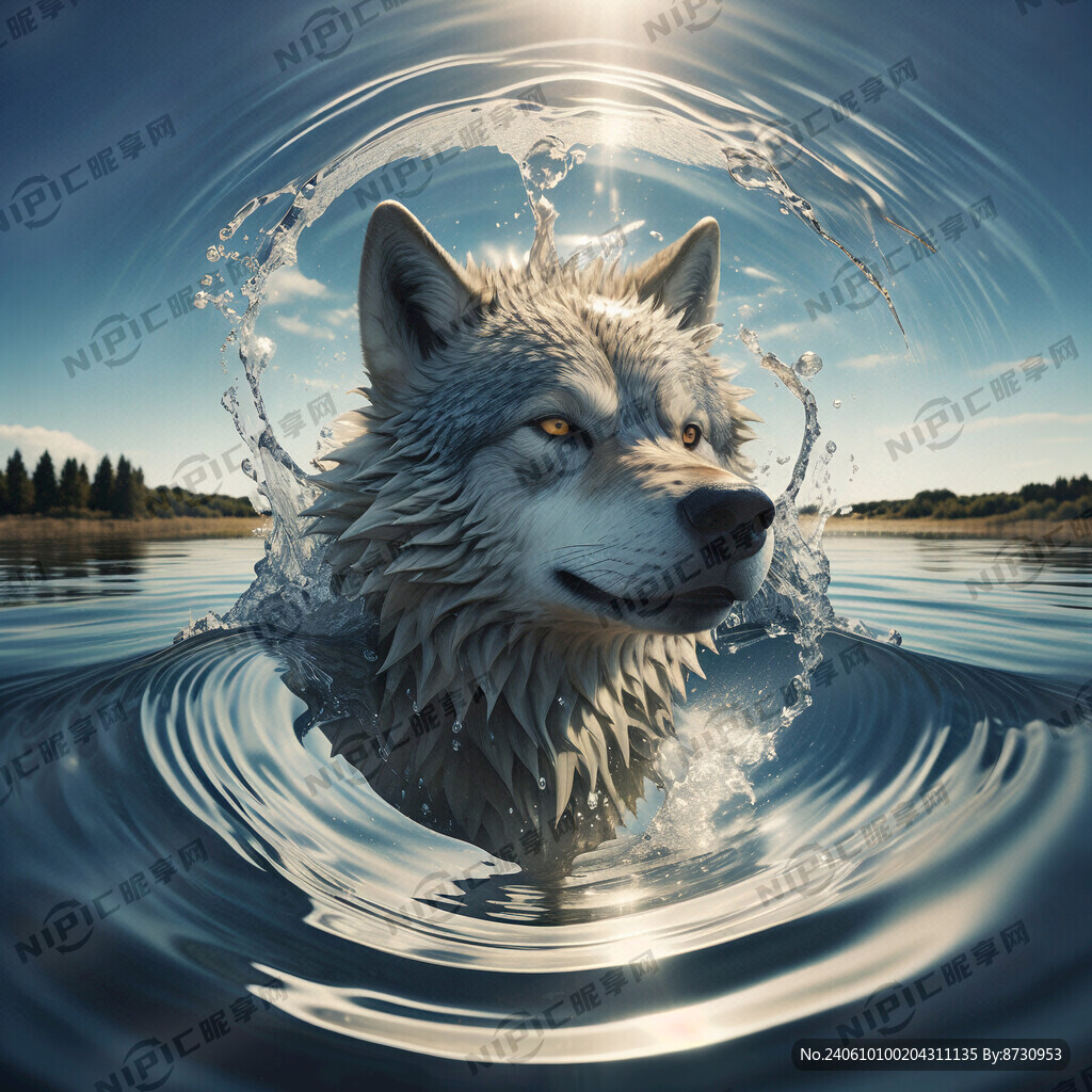 狼的头造型的水面波纹 鸟瞰视角