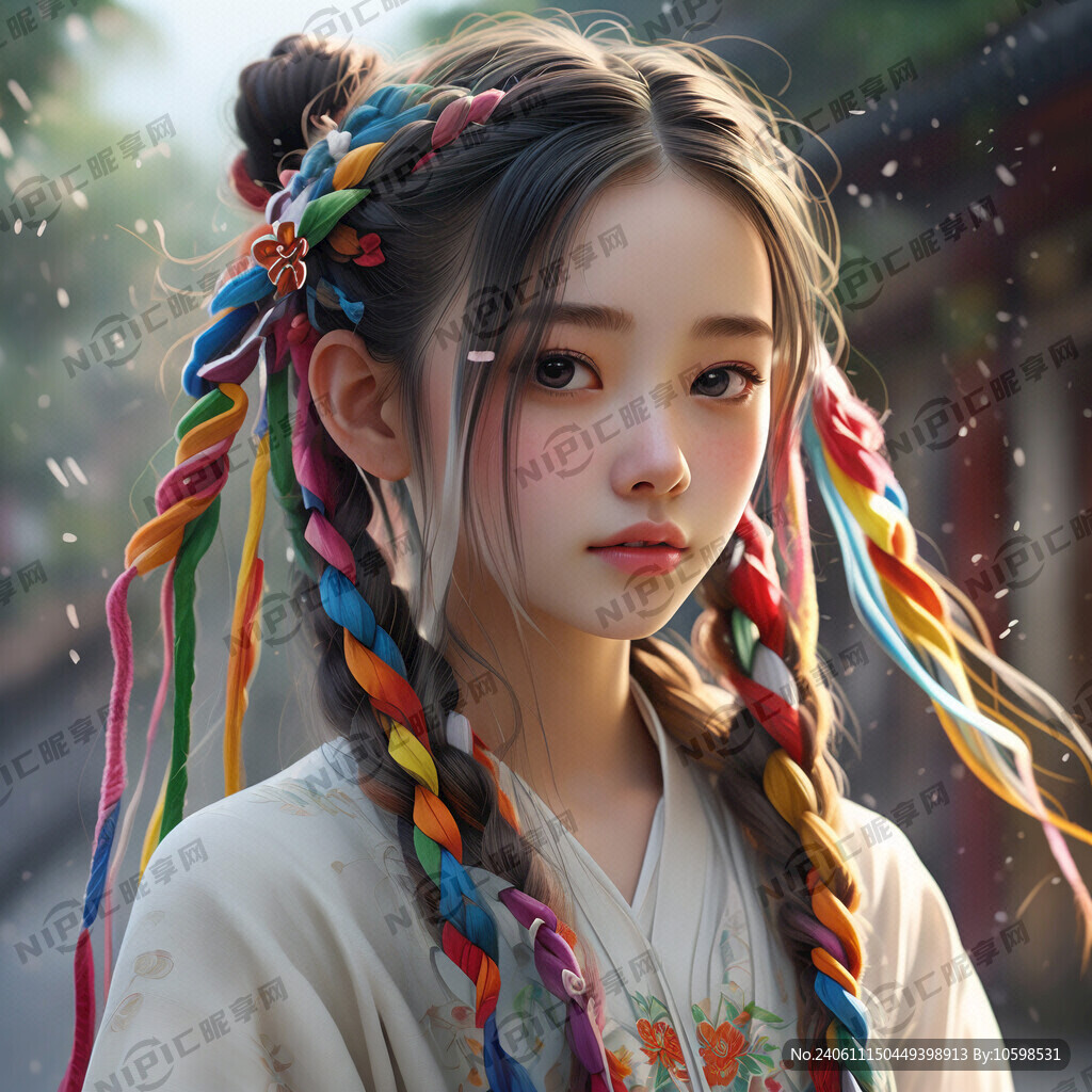 唯美现代少女 彩色辫子 超细节