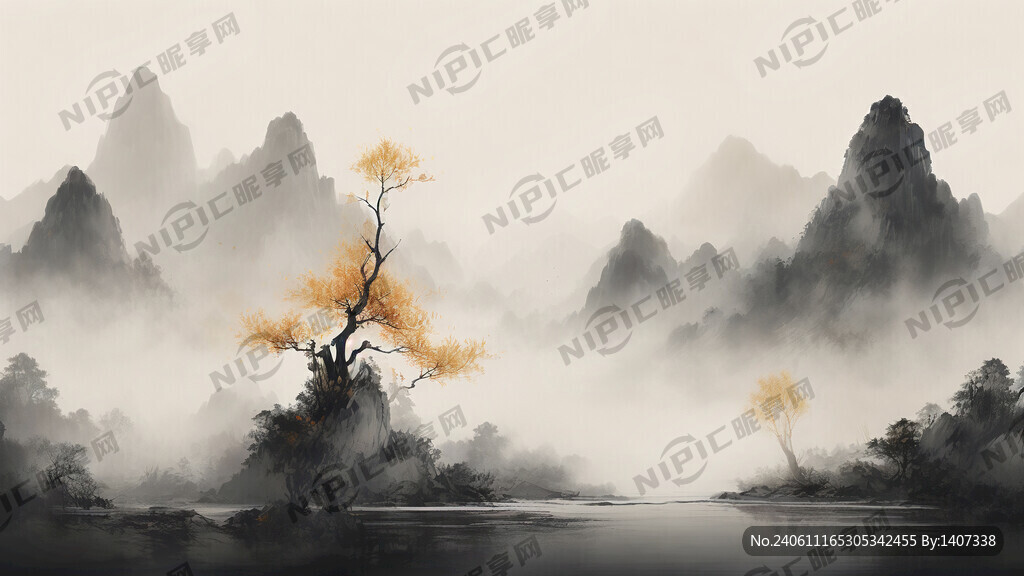 墨兰色调的写意山水画 抽象