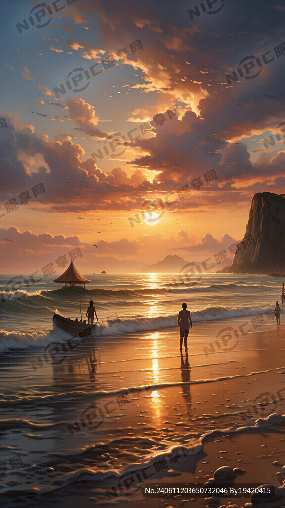 金色的海滩 晚霞 玩耍的人们