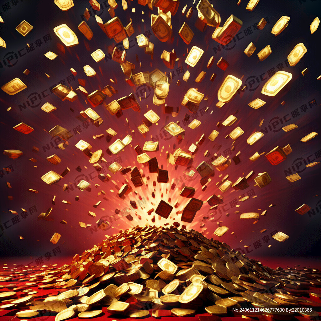 红色背景 金元宝从天而降 堆砌