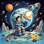 卡通宇航员坐在卡通星球上，旁边有卡通火箭，卡通星球，卡通星星，卡通卫星，卡通，动漫动画