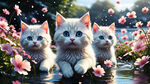 雪白 大蓝眼睛 猫仔 一群 水边花丛 嬉戏