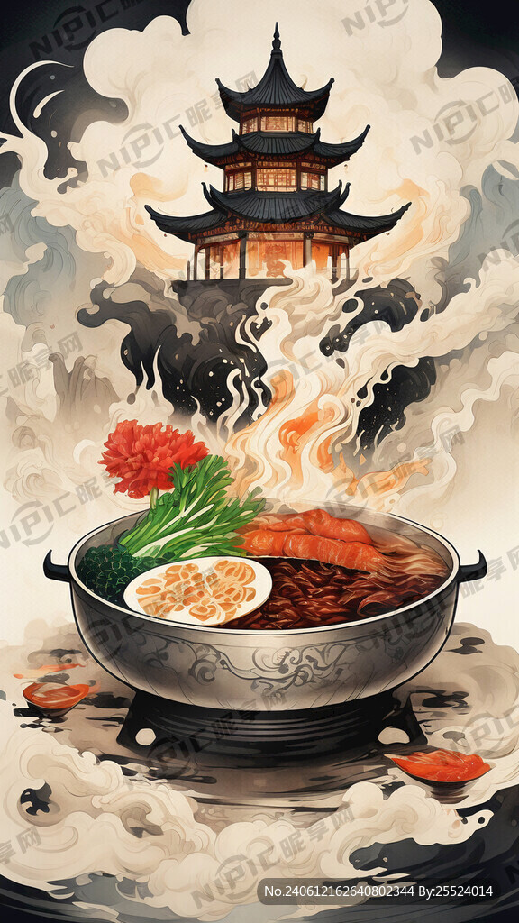 中式圆桌牛杂煲插画