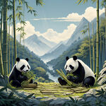 熊猫在山间吃竹子，还有几个熊猫在玩耍，要有场景，场景开阔点，有蓝天白云，有山的背景，有竹林，扁平化，艺术创想，画风极简，比例瘦点