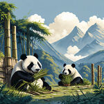 熊猫在山间吃竹子，有成都出名景点的标识，还有几个熊猫在玩耍，要有场景，场景开阔点，有蓝天白云，有山的背景，有竹林，扁平化，艺术创想，画风极简，比例瘦点