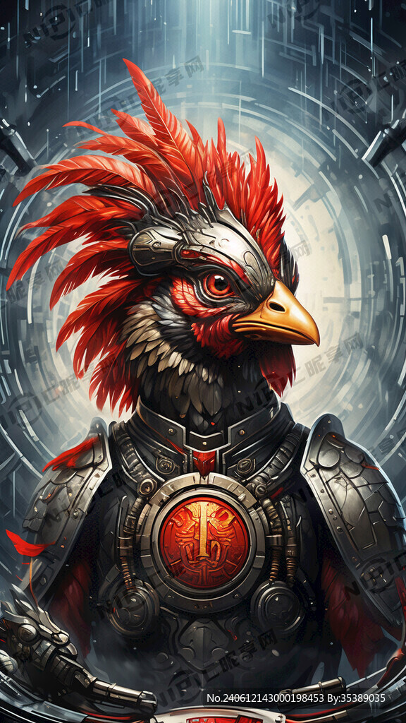 12生肖的鸡佩戴盔甲在未来科技