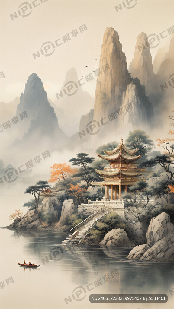 中国风 浅米黄底色 远山 近桥