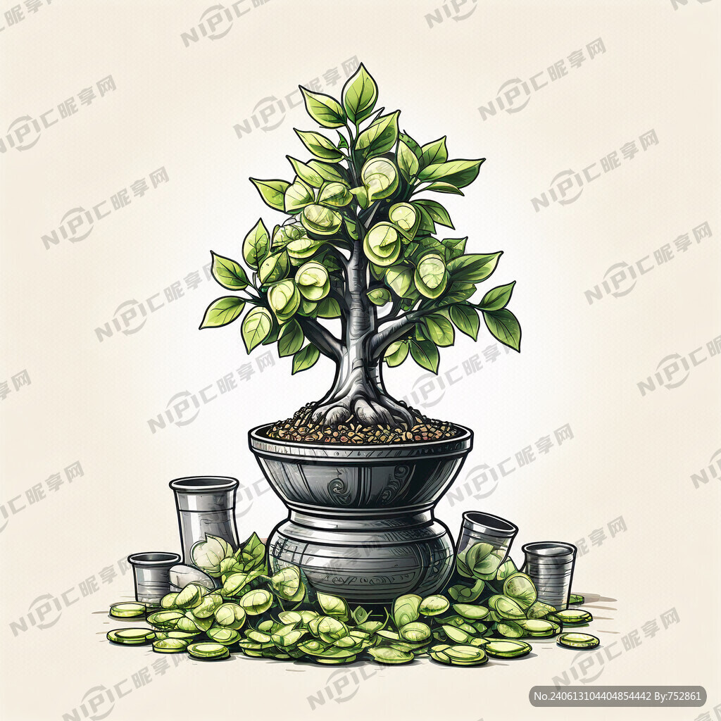 聚宝盆上有一颗摇钱树的线条图