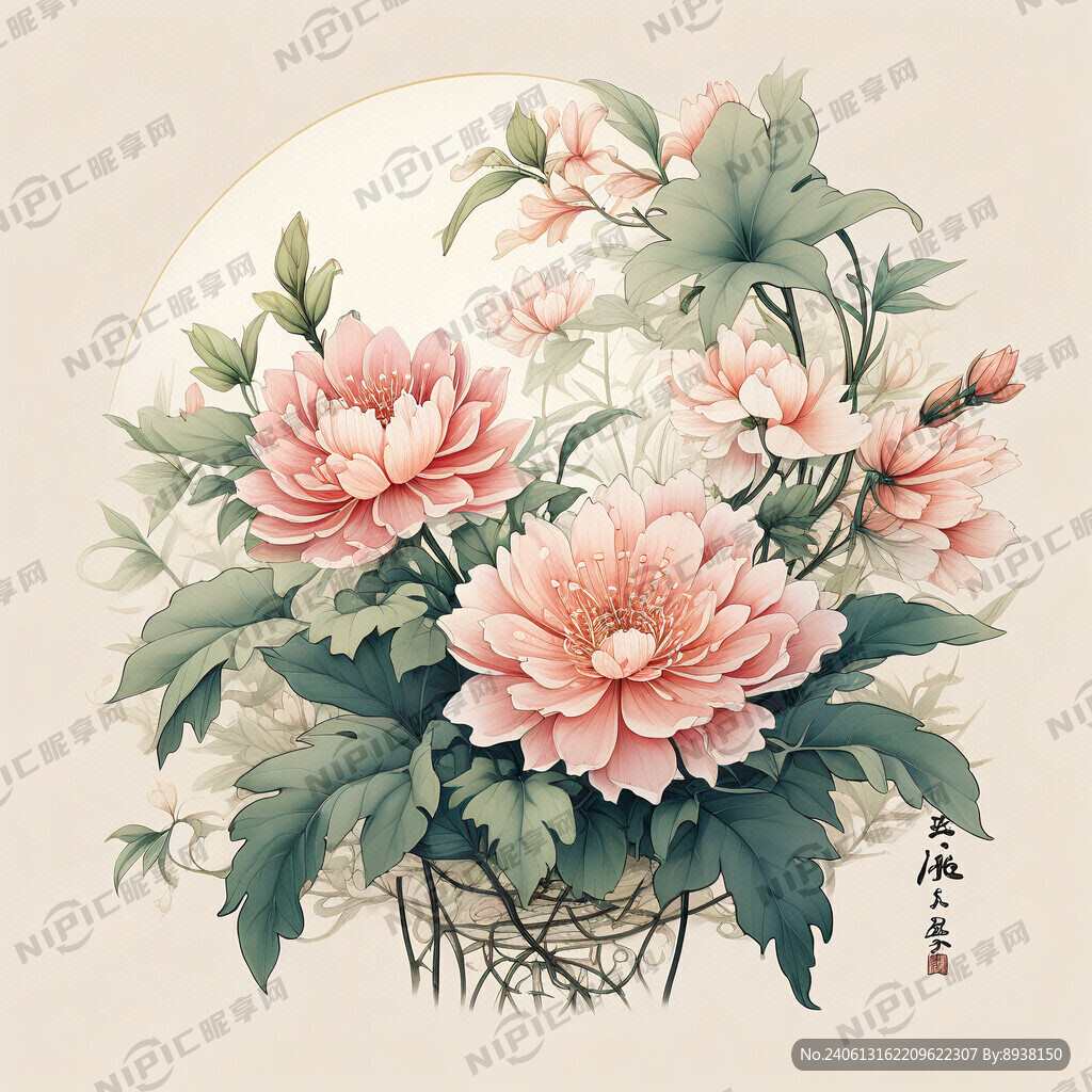 中国风花卉 叶子和花环绕 国风