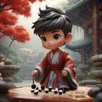 一个穿着汉服拿着围棋的男孩，中国风，卡通3D人物，全身，广角，手办盲盒风格