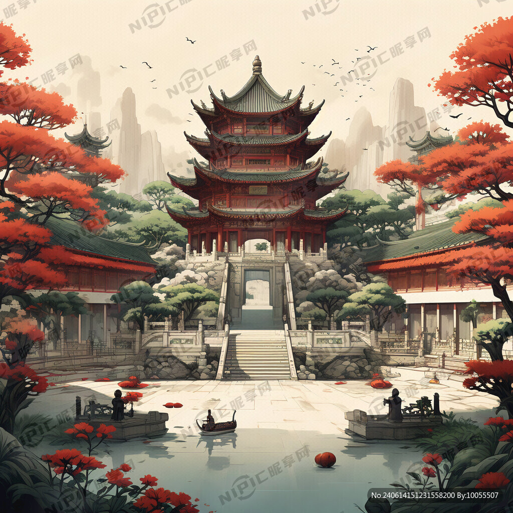 中式庭院插画