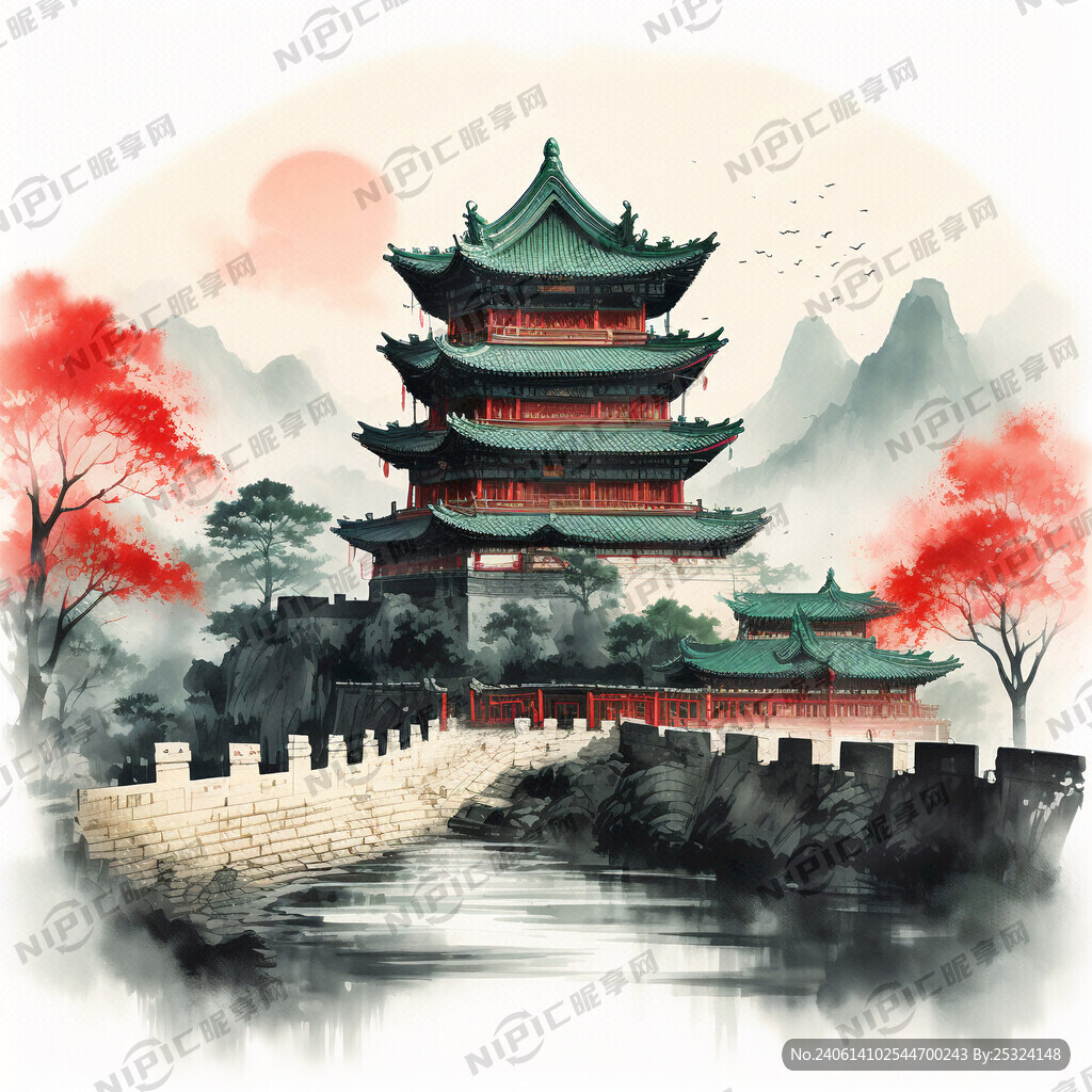 雁门关楼 红色城墙 绿色屋檐