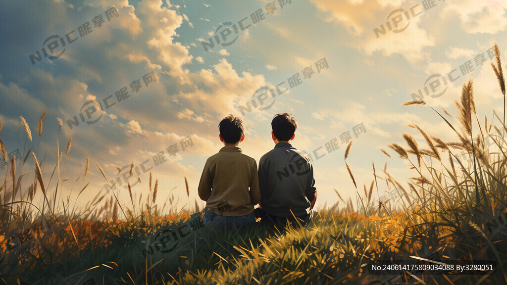 坐在草地上的父子的背影