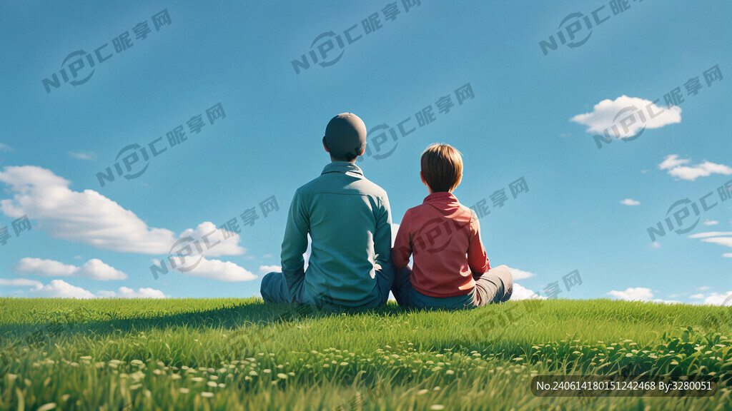 绿草地 父子 坐着 背影 了 