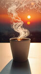清澄太阳刚升起来，咖啡纸杯白色
