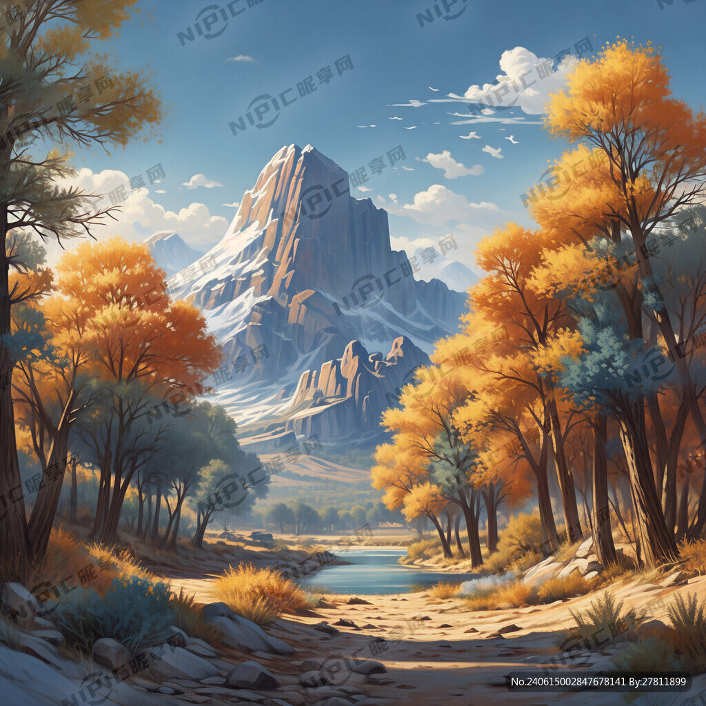 蓝蓝的天、远处的雪山、胡杨林旁