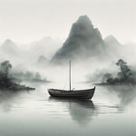 山形，浅绿色，柔和渐变色，大面积留白，中国画风，一艘孤独的小船，纯白背景，意境水墨，景深山形在水中的倒影，电影光效，细节精细， 高清