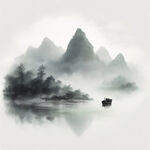 山形，浅绿色，柔和渐变色，大面积留白，中国画风，一艘孤独的小船，纯白背景，意境水墨，景深山形在水中的倒影，电影光效，细节精细， 高清