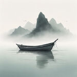 山形，浅绿色，柔和渐变色，大面积留白，中国画风，一艘孤独的小船，纯白背景，意境水墨，景深山形在水中的倒影，电影光效，细节精细， 高清
