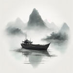 山形，浅绿色，柔和渐变色，大面积留白，中国画风，一艘孤独的小船，纯白背景，意境水墨，景深山形在水中的倒影，电影光效，细节精细， 高清