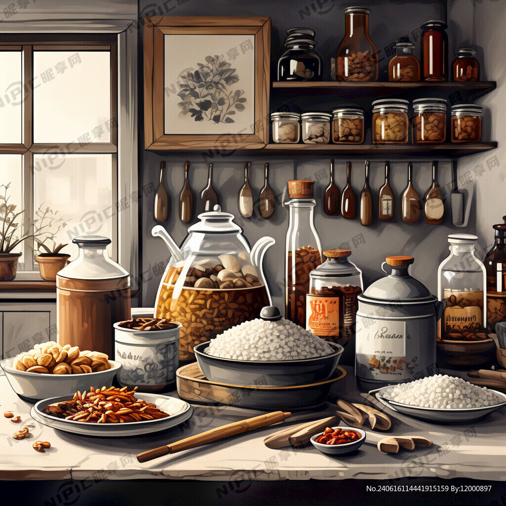 柴米油盐酱醋茶矢量灰色插画
