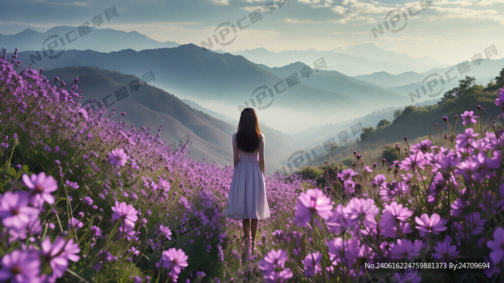 远处青山淡紫色花海远处白衣女孩