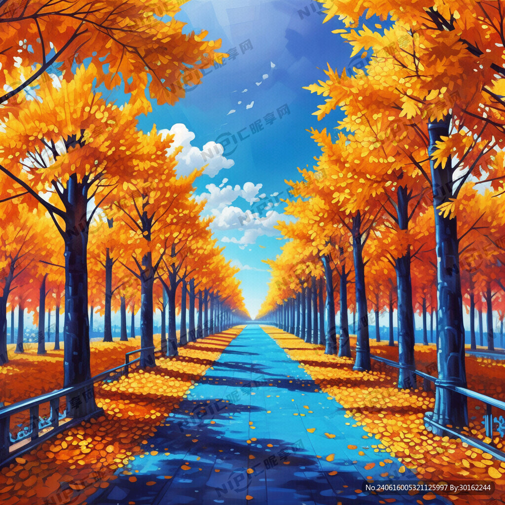 蓝色天空背景 银杏大道