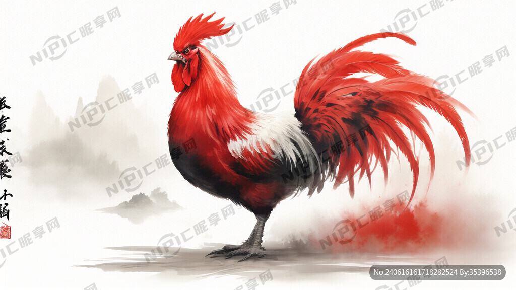 大红公鸡金鸡独立山水画