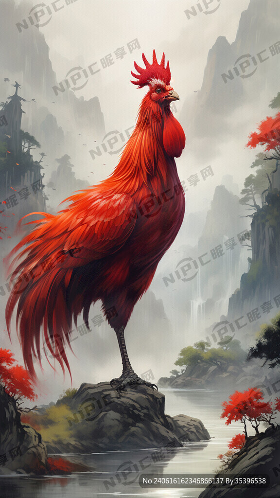 大红公鸡。金鸡独立的站在河边岩