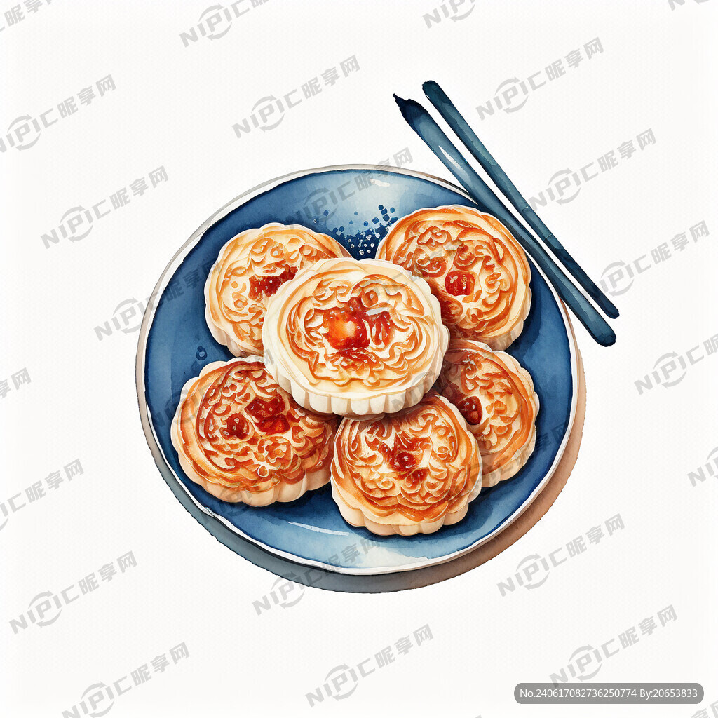 一碟月饼 水彩画笔风格
